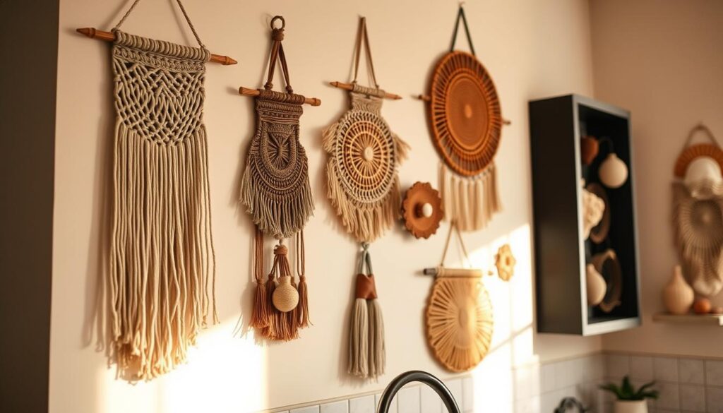 A cozy kitchen wall, adorned with an artful display of handcrafted macrame hangings, woven wall hangings, and natural fiber art pieces. The foreground showcases a beautifully textured macrame piece, its intricate patterns casting gentle shadows on the light-colored wall. In the middle ground, complementary woven wall hangings in earthy tones add depth and visual interest, while the background features a gallery wall of various fiber art pieces, each one a unique expression of creativity. Warm, diffused lighting illuminates the scene, creating a serene and inviting atmosphere, perfect for highlighting the beauty of these handmade wall decorations.