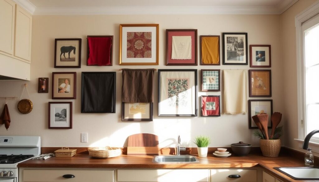 A cozy kitchen wall adorned with an assortment of framed fabric prints, creating a warm and inviting atmosphere. The frames are positioned in a harmonious arrangement, featuring a mix of solid colors, patterns, and textures that complement the kitchen's neutral palette. Soft, natural lighting filters through the window, casting a gentle glow across the textiles and accentuating their unique details. The overall composition exudes a sense of comfort and style, perfectly capturing the essence of the "Style with Textiles: Fabric Wall Decor" section.