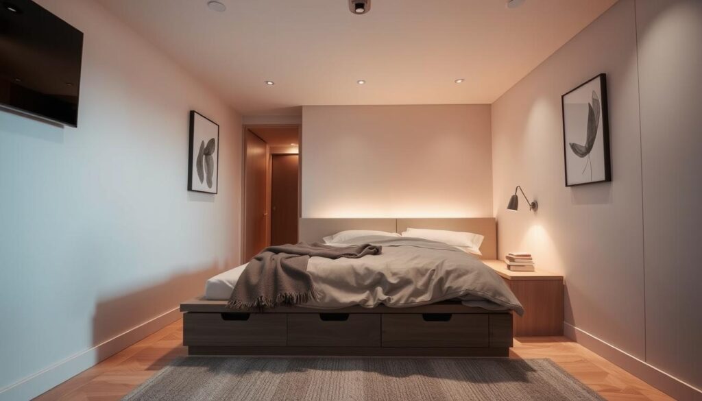 A cozy, minimalist bedroom with a stylish, space-saving bed design. The bed features a sleek, low-profile frame with built-in storage compartments underneath, maximizing the limited floor space. Soft, muted lighting illuminates the room, creating a serene, relaxing atmosphere. The walls are adorned with simple, abstract artwork, complementing the clean, uncluttered aesthetic. A small, neatly organized nightstand stands beside the bed, completing the efficient, well-designed layout. The scene is captured with a wide-angle lens, showcasing the clever utilization of the compact room. A cozy, minimalist bedroom with a stylish, space-saving bed design. The bed features a sleek, low-profile frame with built-in storage compartments underneath, maximizing the limited floor space. Soft, muted lighting illuminates the room, creating a serene, relaxing atmosphere. The walls are adorned with simple, abstract artwork, complementing the clean, uncluttered aesthetic. A small, neatly organized nightstand stands beside the bed, completing the efficient, well-designed layout. The scene is captured with a wide-angle lens, showcasing the clever utilization of the compact room.