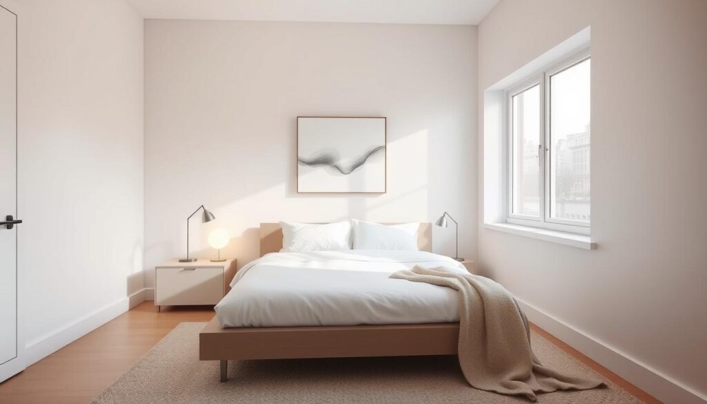 A cozy, minimalist small bedroom showcasing clean lines and a serene atmosphere. A low-profile platform bed dressed in crisp white linens takes center stage, flanked by sleek nightstands with minimalist table lamps casting a warm, ambient glow. The walls are painted in a soothing neutral tone, accented by a single piece of abstract wall art. The room is bathed in natural light filtering through a large window, creating a bright and airy feel. Subtle textures, such as a plush area rug and a soft, monochromatic throw, add depth and visual interest. The overall design prioritizes simplicity, functionality, and a calming, uncluttered aesthetic. A cozy, minimalist small bedroom showcasing clean lines and a serene atmosphere. A low-profile platform bed dressed in crisp white linens takes center stage, flanked by sleek nightstands with minimalist table lamps casting a warm, ambient glow. The walls are painted in a soothing neutral tone, accented by a single piece of abstract wall art. The room is bathed in natural light filtering through a large window, creating a bright and airy feel. Subtle textures, such as a plush area rug and a soft, monochromatic throw, add depth and visual interest. The overall design prioritizes simplicity, functionality, and a calming, uncluttered aesthetic.