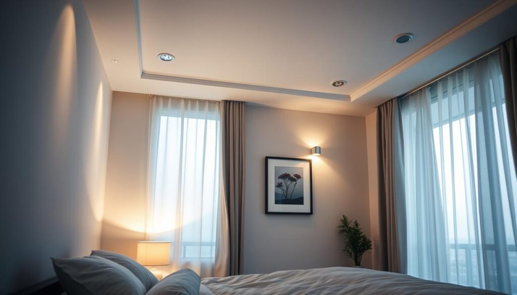 A cozy, minimalist small bedroom with soft, layered lighting. In the foreground, a bedside table lamp casts a warm, intimate glow. On the walls, recessed ceiling lights create a diffuse, ambient illumination. In the middle ground, a sleek, wall-mounted sconce provides focused task lighting, illuminating a framed artwork. The background is softly lit by a large window, letting in natural daylight that filters through delicate, sheer curtains. The overall mood is tranquil, elegant, and conducive to relaxation. Lens: 35mm. Angle: slightly elevated, capturing the entire bedroom space. A cozy, minimalist small bedroom with soft, layered lighting. In the foreground, a bedside table lamp casts a warm, intimate glow. On the walls, recessed ceiling lights create a diffuse, ambient illumination. In the middle ground, a sleek, wall-mounted sconce provides focused task lighting, illuminating a framed artwork. The background is softly lit by a large window, letting in natural daylight that filters through delicate, sheer curtains. The overall mood is tranquil, elegant, and conducive to relaxation. Lens: 35mm. Angle: slightly elevated, capturing the entire bedroom space.