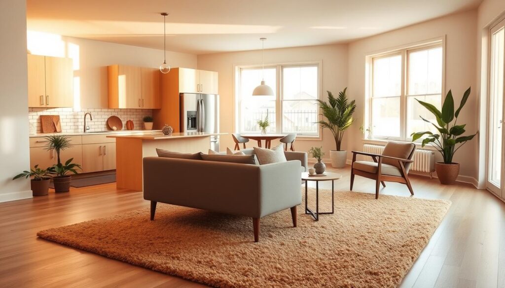 A cozy open-concept kitchen and living room with a defined rug zone. Warm, natural lighting filters through large windows, casting a golden glow. A plush, earthy-toned area rug grounds the living space, creating a distinct seating area. Minimalist mid-century modern furniture, including a sleek sofa and armchair, are arranged atop the rug. The kitchen features light wood cabinetry, a subway tile backsplash, and stainless steel appliances. Lush potted plants and a simple pendant light add organic touches, while a neutral color palette and clean lines evoke a serene, contemporary atmosphere. A cozy open-concept kitchen and living room with a defined rug zone. Warm, natural lighting filters through large windows, casting a golden glow. A plush, earthy-toned area rug grounds the living space, creating a distinct seating area. Minimalist mid-century modern furniture, including a sleek sofa and armchair, are arranged atop the rug. The kitchen features light wood cabinetry, a subway tile backsplash, and stainless steel appliances. Lush potted plants and a simple pendant light add organic touches, while a neutral color palette and clean lines evoke a serene, contemporary atmosphere.