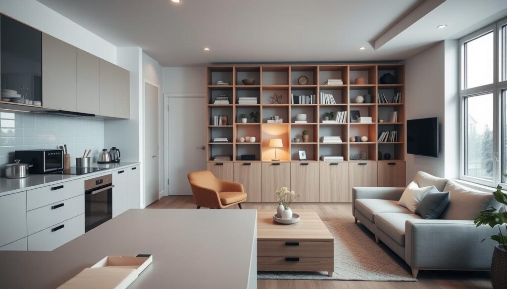 A cozy, open-concept kitchen and living room with clever storage solutions. In the foreground, a modern, minimalist kitchen with sleek cabinets, floating shelves, and discreet appliances. The middle ground features a comfortable seating area with a plush sofa, an armchair, and a low coffee table with hidden storage compartments. In the background, a wall unit with adjustable shelves, drawers, and cubbies offers ample space for books, decor, and personal items. Soft, diffused lighting creates a warm, inviting atmosphere, and large windows allow natural light to flood the space. The overall aesthetic is clean, uncluttered, and designed to maximize functionality in a small, open-plan layout. A cozy, open-concept kitchen and living room with clever storage solutions. In the foreground, a modern, minimalist kitchen with sleek cabinets, floating shelves, and discreet appliances. The middle ground features a comfortable seating area with a plush sofa, an armchair, and a low coffee table with hidden storage compartments. In the background, a wall unit with adjustable shelves, drawers, and cubbies offers ample space for books, decor, and personal items. Soft, diffused lighting creates a warm, inviting atmosphere, and large windows allow natural light to flood the space. The overall aesthetic is clean, uncluttered, and designed to maximize functionality in a small, open-plan layout.