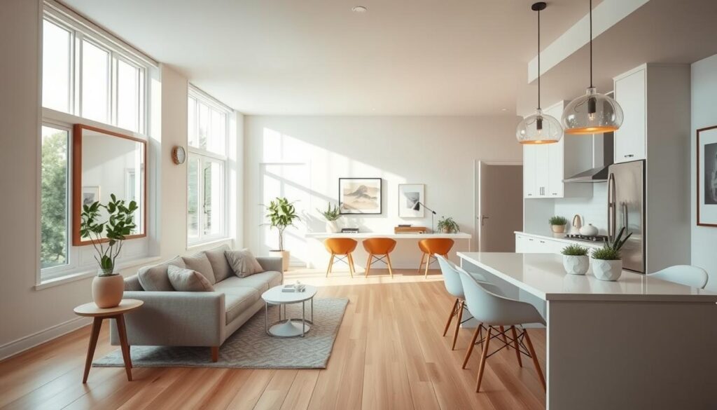 A cozy open-concept kitchen and living room with natural light flooding through large windows. The focal point is a beautiful wall-mounted mirror that reflects the space, creating an illusion of depth and expansiveness. Sleek white cabinetry and countertops complement the light hardwood floors, while mid-century modern furniture in neutral tones adds warmth. Soft pendant lighting casts a gentle glow, and carefully placed decor elements, such as potted plants and minimalist artwork, enhance the overall aesthetic. The composition emphasizes the harmonious integration of the kitchen and living area, showcasing how mirrors can be leveraged to maximize the sense of openness and spatial awareness in a compact yet inviting environment. A cozy open-concept kitchen and living room with natural light flooding through large windows. The focal point is a beautiful wall-mounted mirror that reflects the space, creating an illusion of depth and expansiveness. Sleek white cabinetry and countertops complement the light hardwood floors, while mid-century modern furniture in neutral tones adds warmth. Soft pendant lighting casts a gentle glow, and carefully placed decor elements, such as potted plants and minimalist artwork, enhance the overall aesthetic. The composition emphasizes the harmonious integration of the kitchen and living area, showcasing how mirrors can be leveraged to maximize the sense of openness and spatial awareness in a compact yet inviting environment.