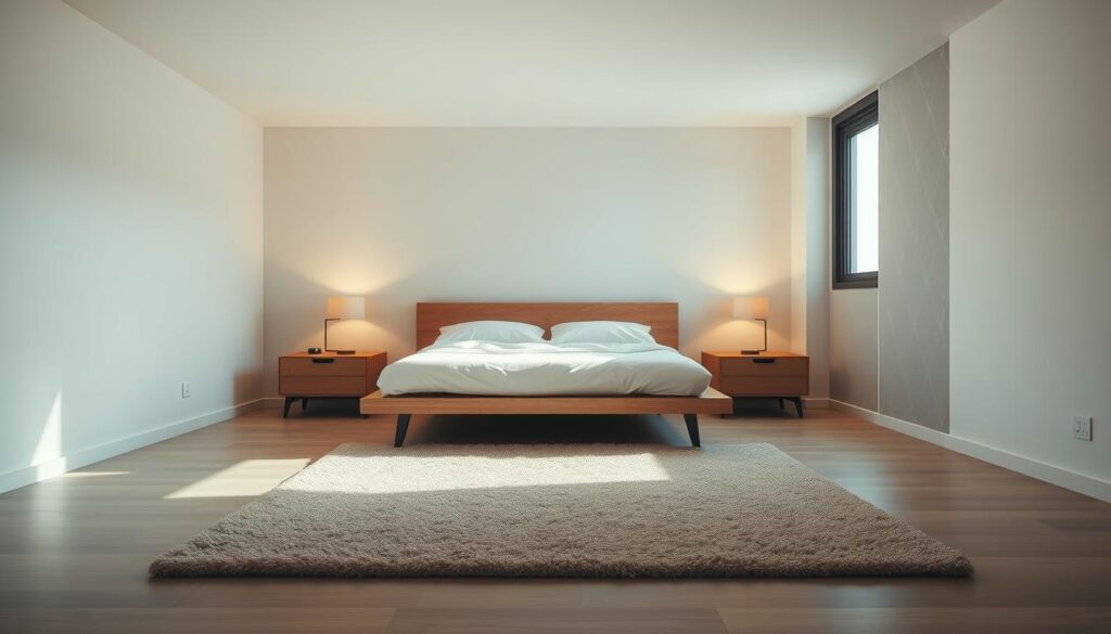 A cozy, open-concept small bedroom with a minimalist, Scandinavian-inspired design. The room features a large window that floods the space with warm, natural light, illuminating the clean lines and neutral color palette. A low-profile platform bed takes center stage, flanked by sleek, wooden nightstands. A plush, textured rug anchors the space, complemented by a subtle, geometric-patterned accent wall. Discreet, recessed lighting casts a soft, ambient glow, creating a serene and inviting atmosphere. The overall layout emphasizes openness and functionality, maximizing the limited square footage to achieve a stylish and practical small-bedroom design. A cozy, open-concept small bedroom with a minimalist, Scandinavian-inspired design. The room features a large window that floods the space with warm, natural light, illuminating the clean lines and neutral color palette. A low-profile platform bed takes center stage, flanked by sleek, wooden nightstands. A plush, textured rug anchors the space, complemented by a subtle, geometric-patterned accent wall. Discreet, recessed lighting casts a soft, ambient glow, creating a serene and inviting atmosphere. The overall layout emphasizes openness and functionality, maximizing the limited square footage to achieve a stylish and practical small-bedroom design.