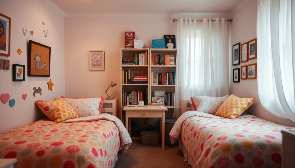 A cozy, personalized girls' bedroom with soft, warm lighting and a harmonious color palette. In the foreground, two twin beds adorned with vibrant patterned bedding and fluffy pillows. On the walls, playful wall decals and framed artwork reflecting the sisters' shared interests and personalities. A small, neatly organized desk in the middle ground, with scattered craft supplies and stationery. In the background, a bookshelf filled with beloved novels, board games, and framed family photos. Sheer curtains gently sway, casting a dreamy, ethereal atmosphere. Overall, the space exudes a sense of sisterly camaraderie, comfort, and self-expression. A cozy, personalized girls' bedroom with soft, warm lighting and a harmonious color palette. In the foreground, two twin beds adorned with vibrant patterned bedding and fluffy pillows. On the walls, playful wall decals and framed artwork reflecting the sisters' shared interests and personalities. A small, neatly organized desk in the middle ground, with scattered craft supplies and stationery. In the background, a bookshelf filled with beloved novels, board games, and framed family photos. Sheer curtains gently sway, casting a dreamy, ethereal atmosphere. Overall, the space exudes a sense of sisterly camaraderie, comfort, and self-expression.