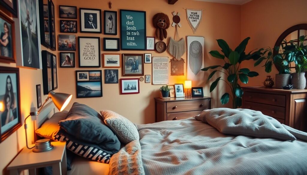 A cozy, personalized small bedroom with warm, natural lighting. In the foreground, a neatly made bed with plush, textured bedding and decorative throw pillows. On the walls, an eclectic gallery of framed artwork, photographs, and inspirational wall hangings, creating a visually stimulating and reflective atmosphere. A compact, minimalist nightstand with a small potted plant and a vintage-style reading lamp provides functional lighting. In the background, a wooden dresser with decorative accents and a large, lush houseplant in the corner, adding a touch of greenery and life to the space. The overall mood is one of relaxation, individuality, and thoughtful, intentional design.