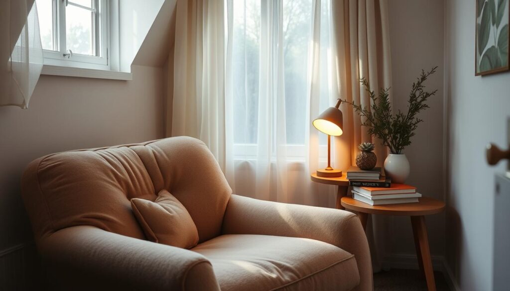 A cozy reading nook nestled in a sun-drenched corner of a small bedroom. Plush, oversized armchair upholstered in a soft, earthy tone invites relaxation. Nearby, a sleek, wooden side table holds a stack of well-worn books and a warm table lamp casts a gentle glow. Sheer curtains filter the natural light, creating a serene, ambient atmosphere. Delicate plants and a cozy throw blanket complete the intimate, hygge-inspired setting, perfect for curling up with a good book.