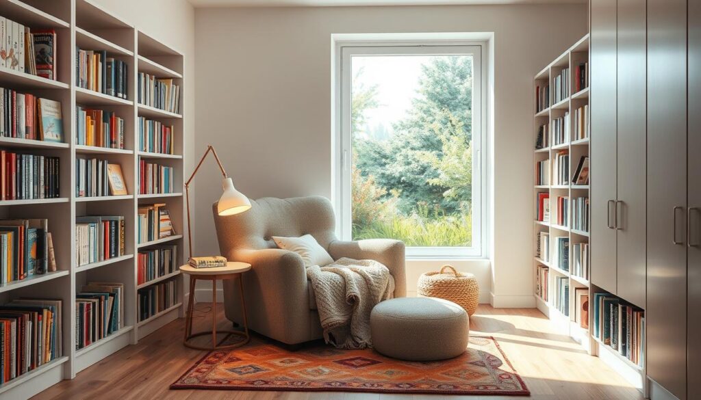 A cozy reading nook with plush, overstuffed armchair and throw blanket in a sun-dappled corner. Bookshelves lining the walls, filled with a diverse selection of children's literature. Soft, diffused lighting from a floor lamp creates a warm, inviting atmosphere. Wooden floorboards and a colorful, patterned area rug underfoot. Through a window, a lush, verdant garden scene visible, hinting at the tranquility outside. Minimalist, Scandinavian-inspired decor with natural textures and muted tones, promoting a sense of calm and focus. An ideal space for young readers to curl up and get lost in their imagination. A cozy reading nook with plush, overstuffed armchair and throw blanket in a sun-dappled corner. Bookshelves lining the walls, filled with a diverse selection of children's literature. Soft, diffused lighting from a floor lamp creates a warm, inviting atmosphere. Wooden floorboards and a colorful, patterned area rug underfoot. Through a window, a lush, verdant garden scene visible, hinting at the tranquility outside. Minimalist, Scandinavian-inspired decor with natural textures and muted tones, promoting a sense of calm and focus. An ideal space for young readers to curl up and get lost in their imagination.