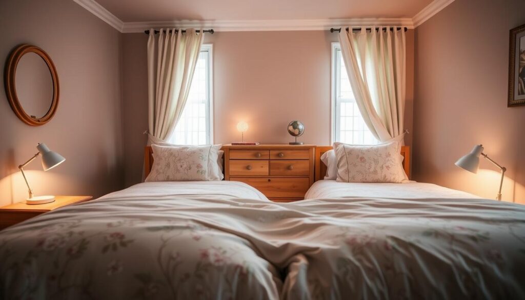 A cozy shared bedroom for two sisters, bathed in soft, harmonious hues. The foreground showcases a coordinated color palette of muted pastels, including a duvet in a delicate floral print and matching throw pillows. In the middle ground, wooden nightstands and a shared dresser create a sense of unity, while task lighting casts a warm, inviting glow. The background features a feature wall in a complementary shade, accentuated by natural light filtering through sheer curtains. The overall mood is one of tranquility and togetherness, reflecting the unity of the shared space. A cozy shared bedroom for two sisters, bathed in soft, harmonious hues. The foreground showcases a coordinated color palette of muted pastels, including a duvet in a delicate floral print and matching throw pillows. In the middle ground, wooden nightstands and a shared dresser create a sense of unity, while task lighting casts a warm, inviting glow. The background features a feature wall in a complementary shade, accentuated by natural light filtering through sheer curtains. The overall mood is one of tranquility and togetherness, reflecting the unity of the shared space.