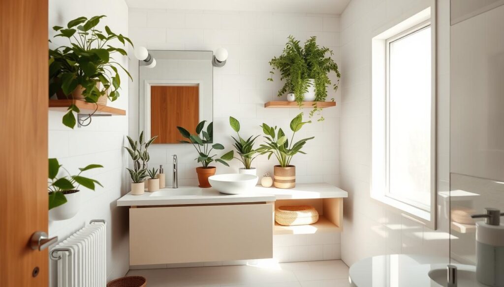 A cozy small bathroom with a minimalist design and abundant natural elements. Sunlight filters through a large window, casting a warm glow on the clean white tiles and wooden accents. Potted plants in varying sizes adorn the vanity and shelves, their lush foliage providing a soothing contrast. A sleek, floating vanity with a vessel sink anchors the space, complemented by a simple mirror and modern light fixtures. The overall atmosphere is one of tranquility and organic elegance, inviting the viewer to imagine a serene, spa-like experience in this intimate, nature-inspired sanctuary.