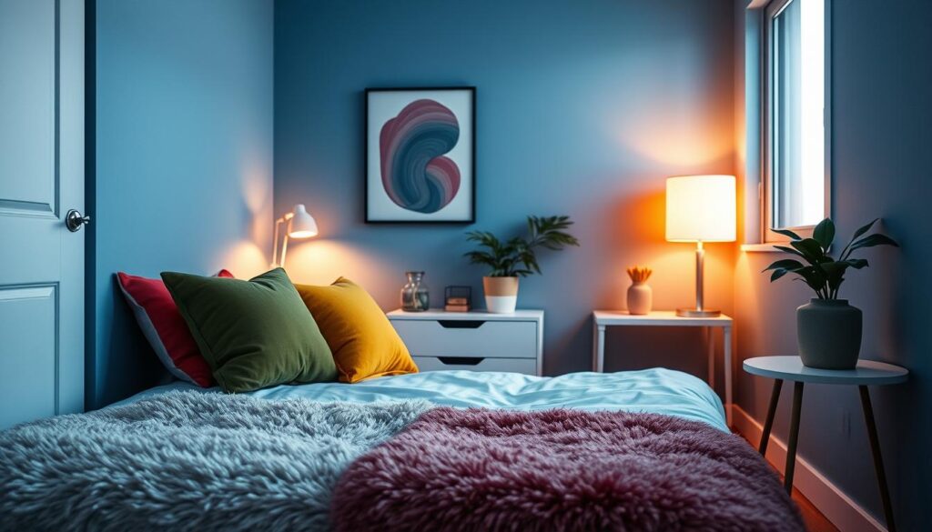 A cozy small bedroom bathed in a vibrant color palette. The foreground features a plush, minimalist bed with bold, contrasting throw pillows and a fuzzy area rug. The middle ground showcases a modern nightstand with a sleek lamp casting a warm, ambient glow. The background reveals tasteful wall art and a potted plant, creating a harmonious, inviting atmosphere. Soft, diffused lighting from a large window highlights the textural elements and creates a sense of depth. The overall mood is one of creativity, comfort, and effortless style in a compact space. A cozy small bedroom bathed in a vibrant color palette. The foreground features a plush, minimalist bed with bold, contrasting throw pillows and a fuzzy area rug. The middle ground showcases a modern nightstand with a sleek lamp casting a warm, ambient glow. The background reveals tasteful wall art and a potted plant, creating a harmonious, inviting atmosphere. Soft, diffused lighting from a large window highlights the textural elements and creates a sense of depth. The overall mood is one of creativity, comfort, and effortless style in a compact space.
