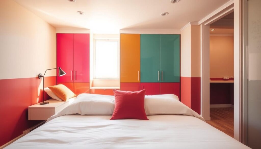 A cozy small bedroom with color-blocked walls, bathed in warm, soft lighting. The foreground features a minimalist bed with crisp white linens, complemented by vibrant accent pillows in complementary hues. The middle ground showcases built-in shelving or cabinets, their fronts painted in bold, contrasting colors to create a visually striking focal point. In the background, natural wood floors and a large window let in diffused natural light, adding depth and a sense of tranquility to the space. The overall atmosphere is one of intentional, harmonious design that maximizes the limited square footage. A cozy small bedroom with color-blocked walls, bathed in warm, soft lighting. The foreground features a minimalist bed with crisp white linens, complemented by vibrant accent pillows in complementary hues. The middle ground showcases built-in shelving or cabinets, their fronts painted in bold, contrasting colors to create a visually striking focal point. In the background, natural wood floors and a large window let in diffused natural light, adding depth and a sense of tranquility to the space. The overall atmosphere is one of intentional, harmonious design that maximizes the limited square footage.