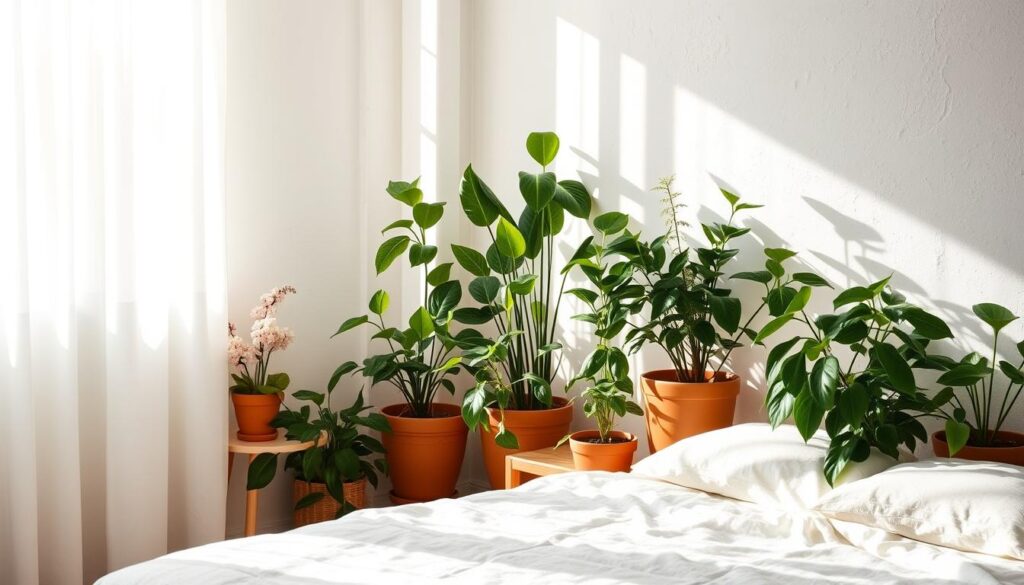 A cozy, sun-dappled bedroom with a lush arrangement of leafy indoor plants in terracotta pots. Soft natural light filters through sheer curtains, casting gentle shadows on the textured whitewashed walls. A small, low-profile wooden nightstand holds a simple vase of fragrant flowers. The plants, varying in size and shape, create a soothing, verdant focal point, evoking a sense of tranquility and bringing the outdoors in. The overall atmosphere is calming and serene, inviting relaxation and contemplation. A cozy, sun-dappled bedroom with a lush arrangement of leafy indoor plants in terracotta pots. Soft natural light filters through sheer curtains, casting gentle shadows on the textured whitewashed walls. A small, low-profile wooden nightstand holds a simple vase of fragrant flowers. The plants, varying in size and shape, create a soothing, verdant focal point, evoking a sense of tranquility and bringing the outdoors in. The overall atmosphere is calming and serene, inviting relaxation and contemplation.