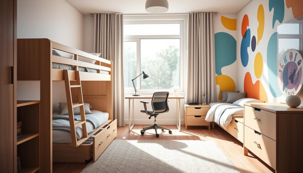 A cozy, sun-drenched kids' bedroom with a modern, space-saving design. In the foreground, a multifunctional bunk bed with built-in storage drawers and shelves. The middle ground features a minimalist desk with a sleek, adjustable lamp and a comfortable swivel chair. In the background, a large window floods the room with natural light, and a vibrant, abstract wall mural adds a playful, artistic touch. The overall atmosphere is one of efficiency, functionality, and a sense of whimsy, perfectly capturing the essence of "Incorporate Multi-Functional Furniture" for a small kids' bedroom. A cozy, sun-drenched kids' bedroom with a modern, space-saving design. In the foreground, a multifunctional bunk bed with built-in storage drawers and shelves. The middle ground features a minimalist desk with a sleek, adjustable lamp and a comfortable swivel chair. In the background, a large window floods the room with natural light, and a vibrant, abstract wall mural adds a playful, artistic touch. The overall atmosphere is one of efficiency, functionality, and a sense of whimsy, perfectly capturing the essence of "Incorporate Multi-Functional Furniture" for a small kids' bedroom.
