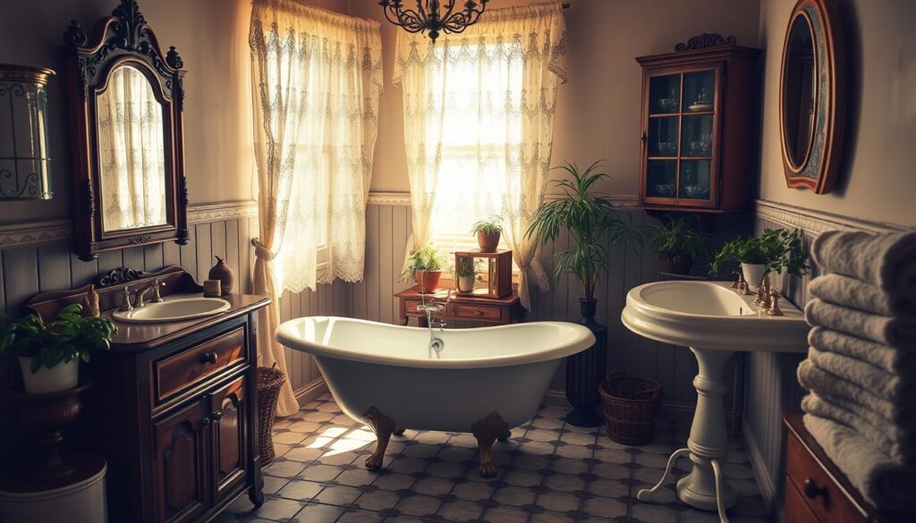 A cozy vintage bathroom, sunlight filtering through lace curtains, casting a warm glow on the porcelain clawfoot tub, the brass faucet gleaming. Antique medicine cabinet with beveled mirror, wood-framed vanity with intricate carved details. Distressed tile floor, weathered wood accents, and a claw-footed pedestal sink. Lush potted plants and a stack of plush towels complete the timeless, inviting atmosphere. Captured with a soft, dreamy lens to evoke the nostalgic charm of a bygone era.