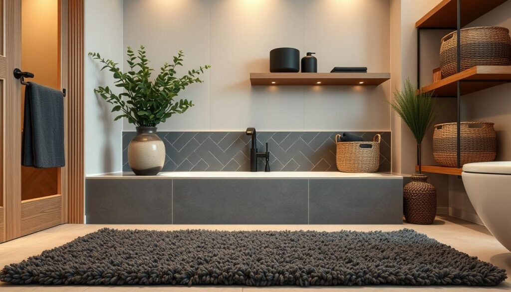 A cozy, well-appointed bathroom adorned with a variety of textured elements. In the foreground, a plush, charcoal grey bath mat covers the tiled floor, its nubby surface adding visual interest. On the vanity, a decorative ceramic vase holds lush greenery, its glazed finish catching the soft, even lighting from above. Along the back wall, a herringbone-patterned accent tile in a soothing slate hue creates an elegant, understated backdrop. Floating shelves display a mix of smooth, matte black accessories and woven baskets, their natural textures complementing the refined yet organic aesthetic. Warm, indirect lighting casts a gentle glow throughout the space, enhancing the overall sense of relaxation and spa-like tranquility.