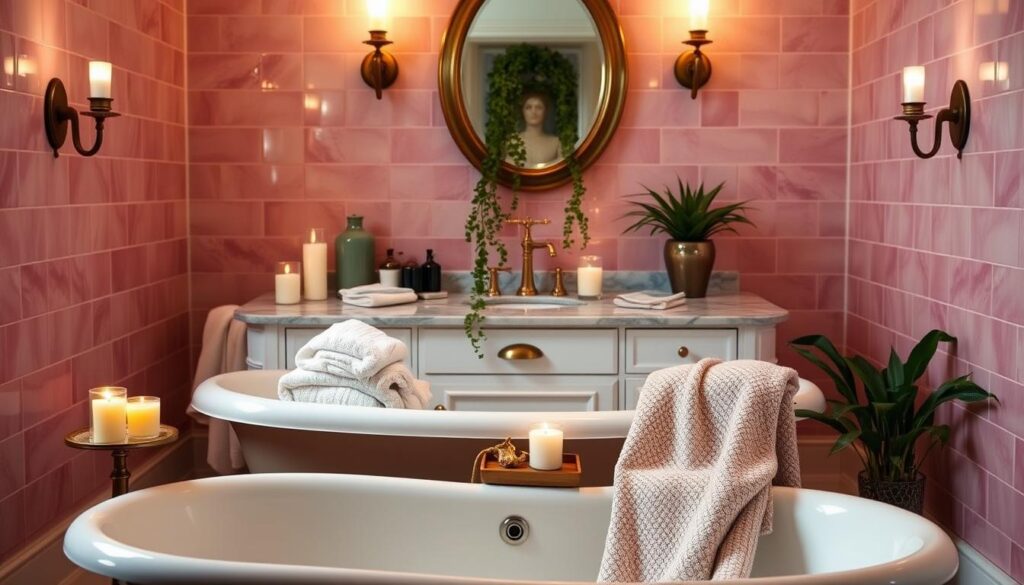 A cozy, well-appointed bathtub surrounded by luxurious decor elements. In the foreground, a clawfoot tub with a satin-finished exterior and a collection of plush towels, scented candles, and a gilded soap dish. The middle ground features a marble vanity with a vintage-inspired faucet and a lush, trailing plant. The background showcases elegant, pink-tinted wall tiles that create a soft, inviting ambiance, illuminated by warm, diffused lighting from sconces. The overall mood is one of relaxation and refined sophistication.