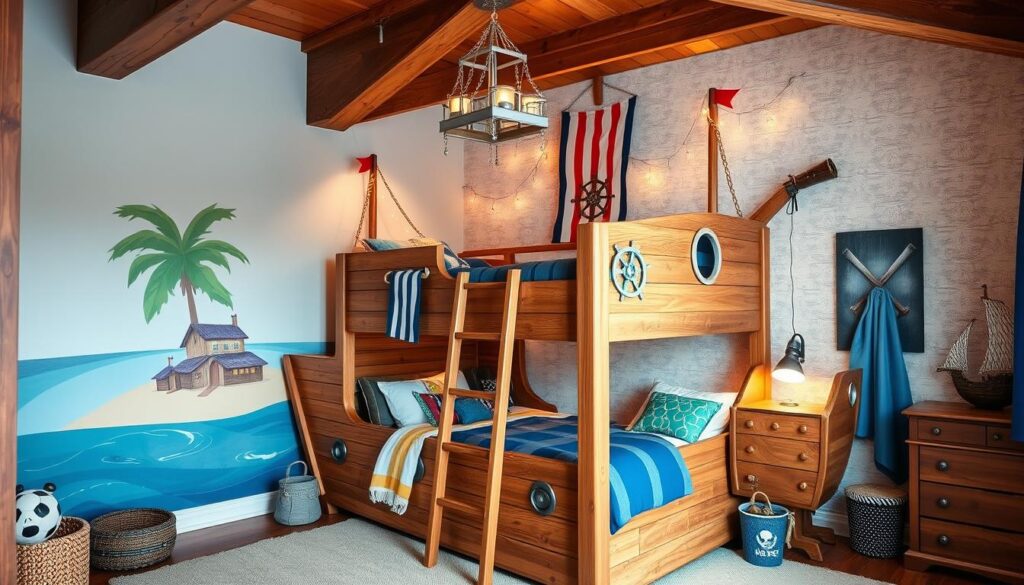 A cozy, well-designed bedroom with a fun, whimsical theme for a young boy. The focal point is an imaginative, custom-built bunk bed in the shape of a pirate ship, complete with a crow's nest, portholes, and a wooden plank for climbing. Colorful bedding, nautical-inspired decor, and playful accessories like a telescope, treasure chest, and dangling ship's wheel create an immersive, adventurous atmosphere. Soft lighting from a ship-shaped chandelier and string lights add a warm, inviting glow. The room is framed by rustic wooden beams, with a textured feature wall showcasing a mural of a tropical island. The overall composition reflects a perfect balance of playfulness and sophistication, inspiring the boy's imagination and sense of wonder.