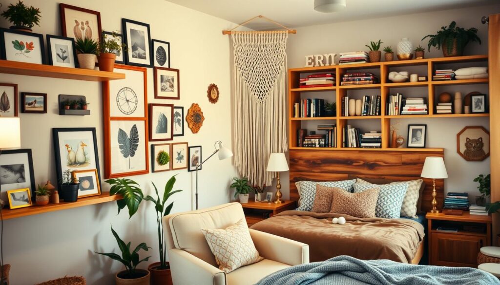 A cozy, well-lit bedroom showcasing a variety of personalized DIY decor pieces. In the foreground, a floating wall shelf displays an assortment of framed artwork, plants, and decorative trinkets. The middle ground features a large, comfy armchair with a handcrafted macrame wall hanging above it. In the background, a wooden headboard with built-in shelves holds an array of books, candles, and other decorative items. The overall aesthetic is warm, eclectic, and reflective of the occupant's unique style and personality. A cozy, well-lit bedroom showcasing a variety of personalized DIY decor pieces. In the foreground, a floating wall shelf displays an assortment of framed artwork, plants, and decorative trinkets. The middle ground features a large, comfy armchair with a handcrafted macrame wall hanging above it. In the background, a wooden headboard with built-in shelves holds an array of books, candles, and other decorative items. The overall aesthetic is warm, eclectic, and reflective of the occupant's unique style and personality.