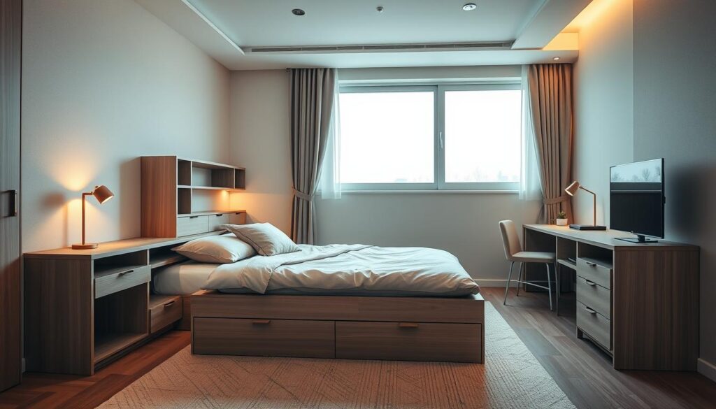 A cozy, well-lit bedroom showcasing a versatile multi-functional furniture piece. In the foreground, a sleek, modern day bed with built-in storage drawers and shelves occupies the central focus. Surrounding it, a minimalist desk and chair combo seamlessly integrated into the design, providing a practical workspace. In the background, neutral-toned walls and a large window create a calming, airy atmosphere, accentuated by warm task lighting and soft ambient illumination. The arrangement emphasizes maximizing limited space through thoughtful, multipurpose furnishings that blend form and function. A cozy, well-lit bedroom showcasing a versatile multi-functional furniture piece. In the foreground, a sleek, modern day bed with built-in storage drawers and shelves occupies the central focus. Surrounding it, a minimalist desk and chair combo seamlessly integrated into the design, providing a practical workspace. In the background, neutral-toned walls and a large window create a calming, airy atmosphere, accentuated by warm task lighting and soft ambient illumination. The arrangement emphasizes maximizing limited space through thoughtful, multipurpose furnishings that blend form and function.