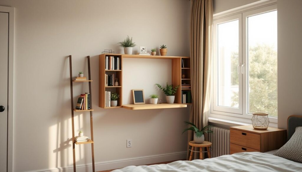 A cozy, well-lit bedroom with a focus on vertical storage solutions. In the foreground, a tall, slim bookshelf or shelving unit stands against the wall, neatly displaying books, plants, and decorative items. In the middle ground, a floating wall-mounted desk or workspace seamlessly integrates storage cubbies or compartments. The background features a bright, airy window, casting a warm glow and highlighting the efficient use of vertical space. The overall scene conveys a sense of organization, minimalism, and maximized functionality in a small bedroom setting. A cozy, well-lit bedroom with a focus on vertical storage solutions. In the foreground, a tall, slim bookshelf or shelving unit stands against the wall, neatly displaying books, plants, and decorative items. In the middle ground, a floating wall-mounted desk or workspace seamlessly integrates storage cubbies or compartments. The background features a bright, airy window, casting a warm glow and highlighting the efficient use of vertical space. The overall scene conveys a sense of organization, minimalism, and maximized functionality in a small bedroom setting.