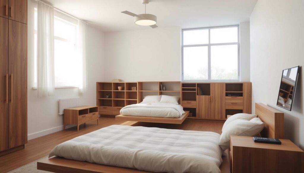 A cozy, well-lit bedroom with a minimalist, Scandinavian-inspired design. In the foreground, a low-profile platform bed with plush bedding and a pair of sleek, floating nightstands. Across the room, a compact, multi-purpose storage unit with built-in shelves and drawers. Soft, diffused lighting from a modern ceiling fixture casts a warm glow, complemented by the natural light streaming in through large windows. The overall atmosphere is serene, clean, and focused on efficient space utilization, reflecting the "Maximize Space with Smart Furniture Choices" theme.