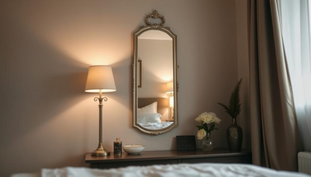 A cozy, well-lit bedroom with a small mirror delicately placed on the wall, reflecting the warm, inviting atmosphere. The mirror is situated at eye level, creating an illusion of depth and a sense of spaciousness in the confined room. Soft, diffused lighting from a bedside lamp casts a gentle glow, highlighting the mirror's elegant frame and the textures of the surrounding decor. Subtle, muted tones in the room's palette contribute to a calming, harmonious ambiance, while strategically placed decorative elements add visual interest without overwhelming the space. A cozy, well-lit bedroom with a small mirror delicately placed on the wall, reflecting the warm, inviting atmosphere. The mirror is situated at eye level, creating an illusion of depth and a sense of spaciousness in the confined room. Soft, diffused lighting from a bedside lamp casts a gentle glow, highlighting the mirror's elegant frame and the textures of the surrounding decor. Subtle, muted tones in the room's palette contribute to a calming, harmonious ambiance, while strategically placed decorative elements add visual interest without overwhelming the space.