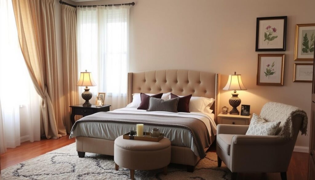 A cozy, well-lit bedroom with warm, inviting decor. The focal point is a plush, tufted headboard in a neutral tone, framed by lush, textured curtains that gently billow in the soft, natural light. On the nightstands, a pair of vintage-inspired lamps cast a gentle glow, complemented by a decorative tray with a candle and a few carefully curated trinkets. In the corner, a cozy armchair invites relaxation, accompanied by a plush, patterned throw blanket. The hardwood floors are covered with a plush, neutral-toned area rug, and the walls are adorned with framed artwork and botanical prints, creating a harmonious, personalized space. A cozy, well-lit bedroom with warm, inviting decor. The focal point is a plush, tufted headboard in a neutral tone, framed by lush, textured curtains that gently billow in the soft, natural light. On the nightstands, a pair of vintage-inspired lamps cast a gentle glow, complemented by a decorative tray with a candle and a few carefully curated trinkets. In the corner, a cozy armchair invites relaxation, accompanied by a plush, patterned throw blanket. The hardwood floors are covered with a plush, neutral-toned area rug, and the walls are adorned with framed artwork and botanical prints, creating a harmonious, personalized space.