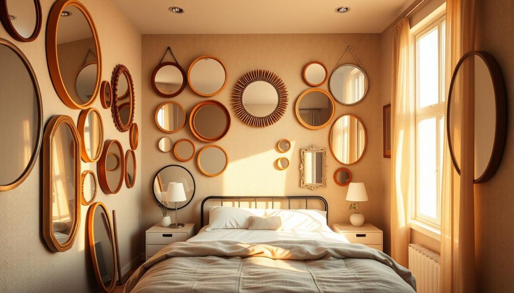 A cozy, well-lit bedroom with warm, natural lighting streaming through large windows. In the foreground, an array of mirrors in various shapes and sizes - circular, rectangular, and oval - adorning the walls, strategically placed to create an illusion of depth and expansiveness. The mirrors are framed in muted, earthy tones that complement the soft, neutral color palette of the room. In the middle ground, a minimal, minimalist bed frame and nightstands, allowing the mirrors to take center stage. The background features a subtle, textured wall finish, adding depth and character to the scene. The overall atmosphere is calming, serene, and inviting, perfectly suited for a small bedroom space. A cozy, well-lit bedroom with warm, natural lighting streaming through large windows. In the foreground, an array of mirrors in various shapes and sizes - circular, rectangular, and oval - adorning the walls, strategically placed to create an illusion of depth and expansiveness. The mirrors are framed in muted, earthy tones that complement the soft, neutral color palette of the room. In the middle ground, a minimal, minimalist bed frame and nightstands, allowing the mirrors to take center stage. The background features a subtle, textured wall finish, adding depth and character to the scene. The overall atmosphere is calming, serene, and inviting, perfectly suited for a small bedroom space.