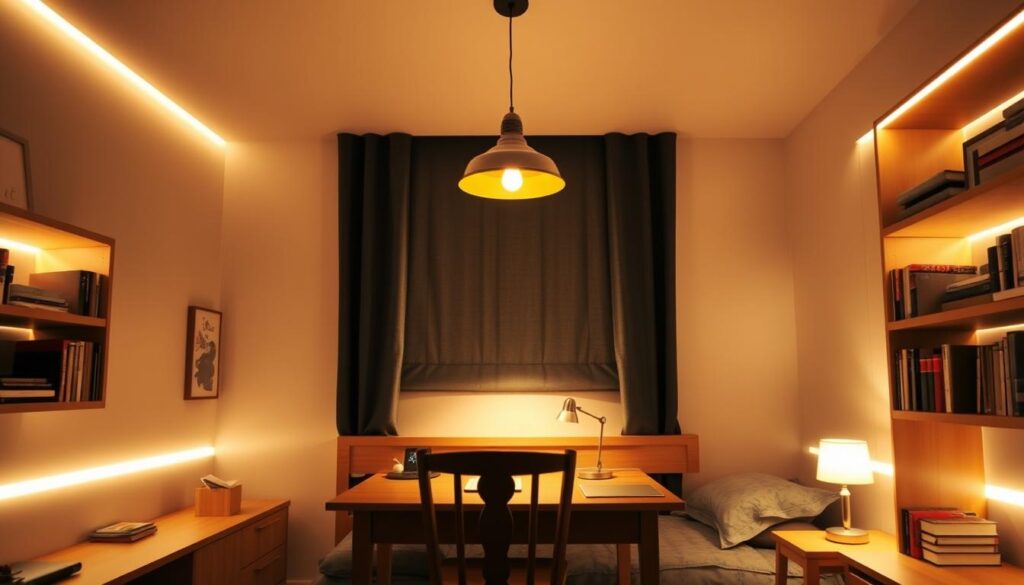 A cozy, well-lit boys' bedroom with warm, ambient lighting. Soft LED strip lights gently illuminate the edges of the room, casting a soothing glow across the space. A large, centrally-placed pendant light with an industrial-chic design hangs low, illuminating a sturdy wooden desk and chair. On the bedside tables, small table lamps with adjustable brightness provide focused task lighting. Bookshelves line the walls, their contents bathed in a subtle, uniform light. The overall atmosphere is inviting, calming, and conducive to study, relaxation, and a good night's sleep.