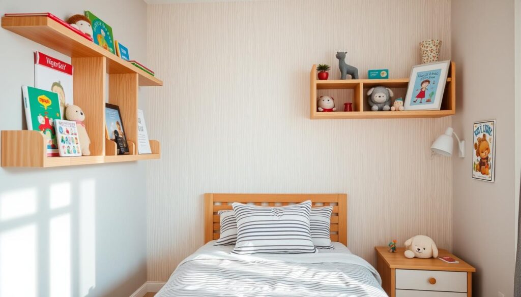 A cozy, well-lit children's bedroom with natural wooden wall shelves in the foreground. The shelves feature an assortment of colorful children's books, framed artwork, and playful decorations like plush toys and miniature figurines. The middle ground showcases a neatly made twin bed with striped bedding and a few throw pillows. In the background, a neutral-toned wall with a simple, understated wallpaper pattern provides a calming backdrop, complementing the overall warm and inviting atmosphere of the space. A cozy, well-lit children's bedroom with natural wooden wall shelves in the foreground. The shelves feature an assortment of colorful children's books, framed artwork, and playful decorations like plush toys and miniature figurines. The middle ground showcases a neatly made twin bed with striped bedding and a few throw pillows. In the background, a neutral-toned wall with a simple, understated wallpaper pattern provides a calming backdrop, complementing the overall warm and inviting atmosphere of the space.
