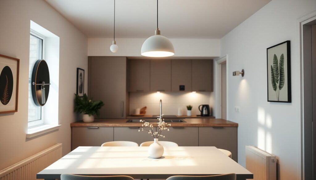 A cozy, well-lit kitchen and dining room showcasing an efficient use of space. The pendant lights above the dining table cast a warm, ambient glow, creating a inviting atmosphere. The minimalist, Scandinavian-inspired design features clean lines and a neutral color palette, allowing the lighting to take center stage. The pendant fixtures are positioned thoughtfully, providing ample illumination without overcrowding the room. Soft shadows dance across the walls, adding depth and dimension to the space. The overall impression is one of both functionality and elegance, a perfect balance for a small but stylish kitchen and dining area. A cozy, well-lit kitchen and dining room showcasing an efficient use of space. The pendant lights above the dining table cast a warm, ambient glow, creating a inviting atmosphere. The minimalist, Scandinavian-inspired design features clean lines and a neutral color palette, allowing the lighting to take center stage. The pendant fixtures are positioned thoughtfully, providing ample illumination without overcrowding the room. Soft shadows dance across the walls, adding depth and dimension to the space. The overall impression is one of both functionality and elegance, a perfect balance for a small but stylish kitchen and dining area.