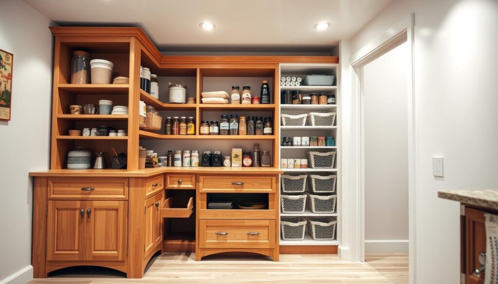 A cozy, well-lit kitchen pantry with a multifunctional piece of furniture in the foreground. The piece features a combination of shelves, drawers, and hidden compartments, allowing for efficient storage and organization of various kitchen items. The furniture is made of warm-toned wood, blending seamlessly with the neutral color scheme of the pantry. In the middle ground, jars, spices, and other pantry essentials are neatly arranged on the shelves, creating a visually appealing and practical setup. The background showcases the clean, minimalist design of the pantry, with white walls and recessed lighting that casts a soft, even glow throughout the space. The overall atmosphere is one of functionality, organization, and a touch of rustic charm.