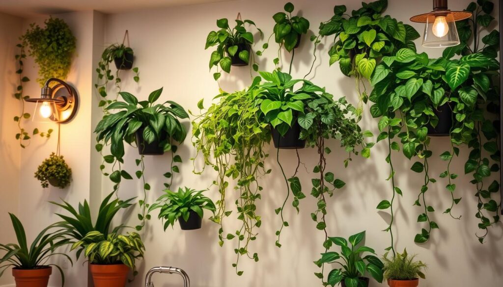 A cozy, well-lit kitchen wall adorned with an artful arrangement of lush, verdant houseplants in various sizes and shapes. The plants are carefully positioned to create a visually striking display, their vibrant leaves and delicate vines cascading down the wall, adding a touch of natural elegance to the space. Warm, diffused lighting from sconces or pendants casts a soft glow, highlighting the plants' intricate textures and hues. The overall composition balances the clean, minimalist lines of the kitchen with the organic, soothing presence of the foliage, creating a harmonious and inviting atmosphere.