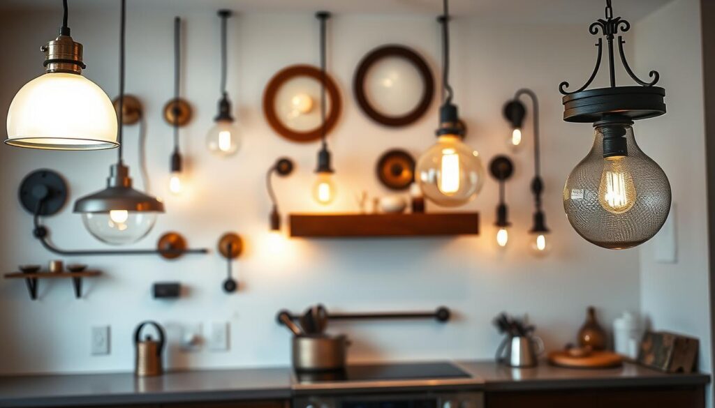 A cozy, well-lit kitchen with a focal wall showcasing an elegant array of decorative lighting fixtures. The foreground features a mix of modern pendant lights, vintage-inspired sconces, and a statement chandelier, all casting a warm, ambient glow. The middle ground highlights the textures and finishes of the fixtures, from brushed metal to hand-blown glass. In the background, a subtle play of shadows and highlights creates depth and dimension, evoking a sense of inviting atmosphere. The lighting arrangement is thoughtfully composed to complement the kitchen's overall design aesthetic, drawing the eye and adding visual interest to the space.