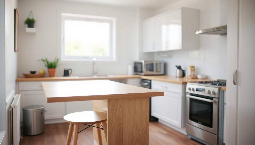 A cozy, well-lit kitchen with a small, modern breakfast bar in the foreground. The bar features a sleek, minimalist design with a smooth, light-colored wood top and a pair of minimalist stools tucked underneath. The middle ground showcases the rest of the compact kitchen, with crisp white cabinets and stainless steel appliances. In the background, a large window lets in abundant natural light, creating a bright and airy atmosphere. The scene conveys a sense of simplicity, functionality, and a focus on maximizing the available space in a small kitchen setting.