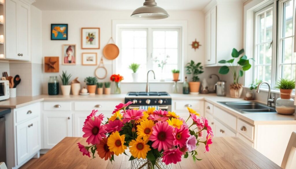 A cozy, well-lit kitchen with budget-friendly decor ideas. In the foreground, a cheerful floral arrangement adds a pop of color to the simple, wooden table. The middle ground features a mix of inexpensive wall art, potted plants, and repurposed jars used as vases. The background showcases bright, airy windows that flood the space with natural light, complemented by clean white cabinets and countertops. The overall atmosphere is warm, inviting, and reflects a harmonious balance of function and style on a limited budget.