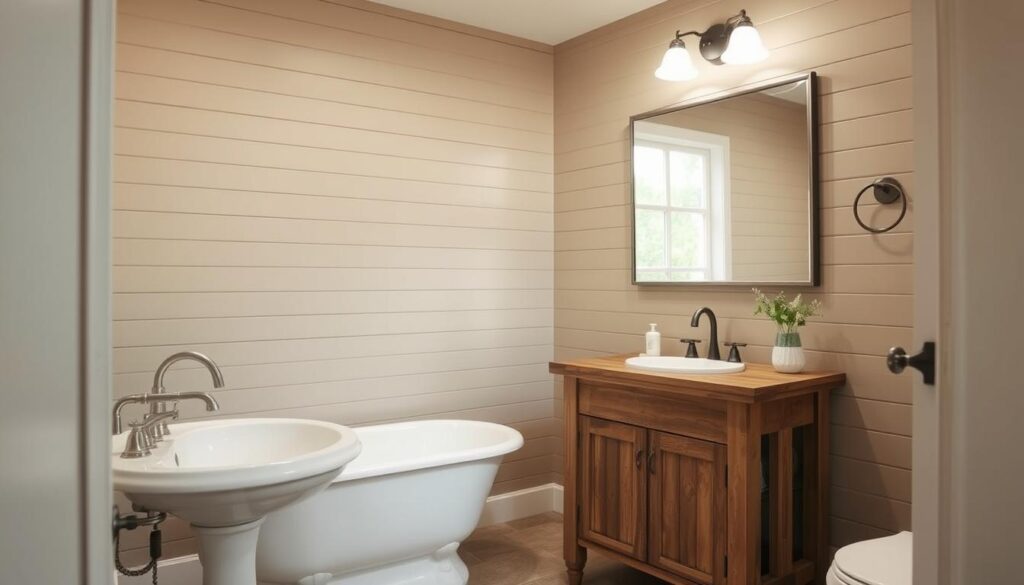 A cozy, well-lit small farmhouse bathroom with a neutral color palette. The foreground features a pedestal sink, a classic claw-foot tub, and a rustic wood vanity. The middle ground showcases a large mirror with a simple metal frame, complementing the natural wood tones. The background is a shiplap wall, painted in a muted, earthy tone, creating a serene and calming atmosphere. The lighting is soft and diffused, highlighting the textures and tones of the space. The overall aesthetic is one of understated elegance, blending modern and traditional elements for a timeless farmhouse charm.