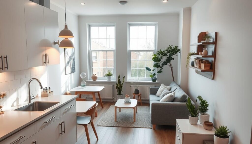 A cozy, well-lit small kitchen and living room combo with a minimalist, Scandinavian-inspired design. The kitchen features white cabinets, a sleek chrome faucet, and a compact dining table tucked neatly in the corner. Soft pendant lights hang above, casting a warm glow throughout the space. The living room area boasts a plush grey sectional sofa, a low-profile coffee table, and a mix of potted plants and decorative accents. Large windows flood the room with natural light, creating an airy, inviting atmosphere. Subtle task lighting under the cabinets and recessed ceiling fixtures illuminate the space, highlighting the cohesive, modern aesthetic. A cozy, well-lit small kitchen and living room combo with a minimalist, Scandinavian-inspired design. The kitchen features white cabinets, a sleek chrome faucet, and a compact dining table tucked neatly in the corner. Soft pendant lights hang above, casting a warm glow throughout the space. The living room area boasts a plush grey sectional sofa, a low-profile coffee table, and a mix of potted plants and decorative accents. Large windows flood the room with natural light, creating an airy, inviting atmosphere. Subtle task lighting under the cabinets and recessed ceiling fixtures illuminate the space, highlighting the cohesive, modern aesthetic.