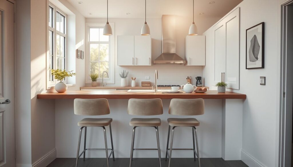 A cozy, well-lit small kitchen breakfast bar with a sleek, minimalist design. The bar features a wooden top, contrasted by white cabinetry and metallic accents. Sunlight streams in through large windows, casting a warm glow on the scene. Bar stools with neutral upholstery are neatly arranged, inviting you to sit and enjoy a casual morning meal. The background showcases clean, modern tile or hardwood flooring, complementing the overall sophisticated yet functional aesthetic. Attention to detail, such as thoughtfully placed greenery and decor, adds a touch of personality to the inviting space.