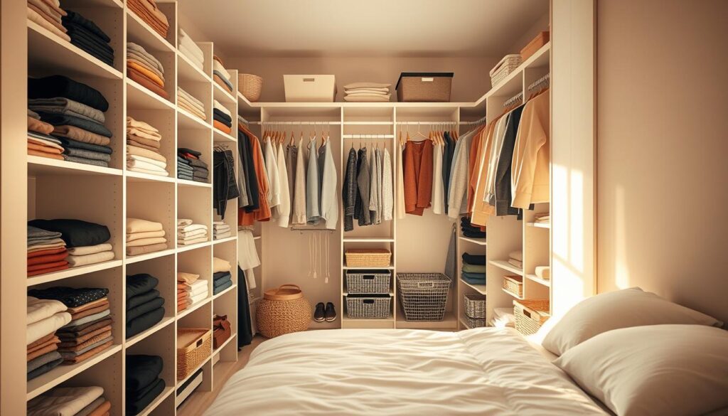 A cozy, well-organized bedroom closet with maximized vertical storage. In the foreground, rows of neatly arranged shelves from floor to ceiling, holding carefully folded clothes and accessories. The middle ground features a mix of hanging rods, cubbies, and baskets, optimizing every inch of space. Warm, natural lighting filters in, casting a soft glow and accentuating the clean, minimalist aesthetic. The background seamlessly blends the closet into the bedroom's soothing, neutral color palette, creating a harmonious, clutter-free environment. The overall scene conveys a sense of peace, efficiency, and a tranquil haven within a small space.