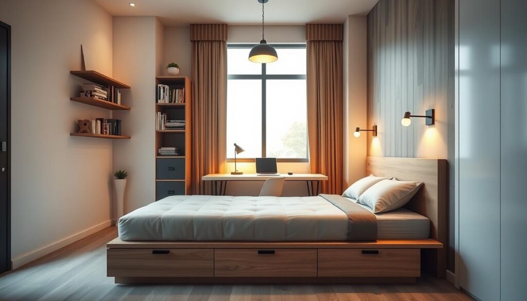 A cozy, well-organized bedroom with neatly arranged space-saving solutions. In the foreground, a sleek, minimalist platform bed with built-in storage drawers underneath, providing ample space-efficient storage. Above the bed, a wall-mounted bookshelf and floating nightstands, optimizing vertical space. In the middle ground, a space-saving desk with a slim profile, seamlessly integrated into the overall design. The background features a large window, allowing natural light to flood the room, creating a bright, airy atmosphere. Warm, diffused lighting from sconces and a pendant fixture sets a calming, relaxing mood. The overall composition emphasizes clever, compact designs that maximize the limited square footage without compromising style or functionality. A cozy, well-organized bedroom with neatly arranged space-saving solutions. In the foreground, a sleek, minimalist platform bed with built-in storage drawers underneath, providing ample space-efficient storage. Above the bed, a wall-mounted bookshelf and floating nightstands, optimizing vertical space. In the middle ground, a space-saving desk with a slim profile, seamlessly integrated into the overall design. The background features a large window, allowing natural light to flood the room, creating a bright, airy atmosphere. Warm, diffused lighting from sconces and a pendant fixture sets a calming, relaxing mood. The overall composition emphasizes clever, compact designs that maximize the limited square footage without compromising style or functionality.