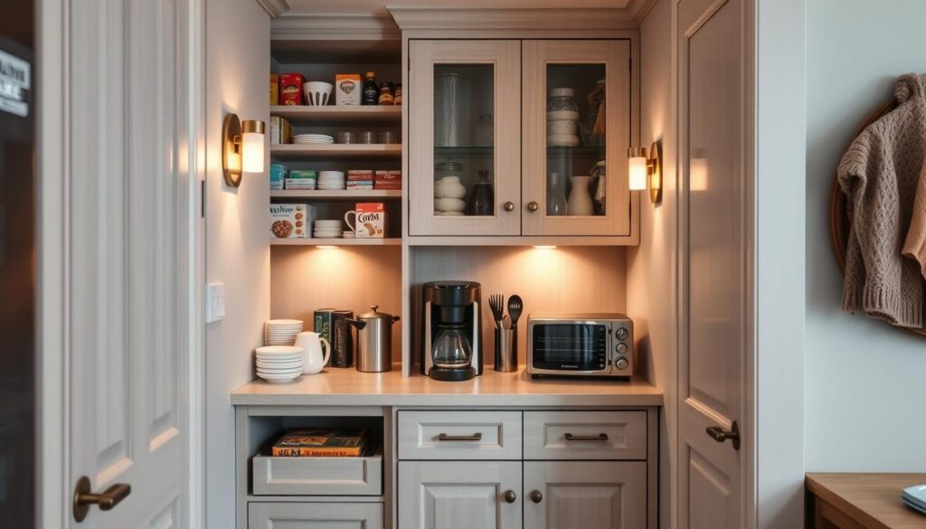 A cozy, well-organized pantry in a small kitchen, designed as a functional yet visually appealing breakfast station. Compact shelves and drawers neatly hold a variety of breakfast items, from cereal boxes to coffee mugs. A small countertop with a stylish coffee maker and toaster oven creates an efficient prep area. Soft, warm lighting from wall sconces casts a gentle glow, complementing the neutral color palette of light wood tones and muted grays. The overall layout maximizes storage and workflow, transforming this compact corner into an inviting, practical breakfast nook.
