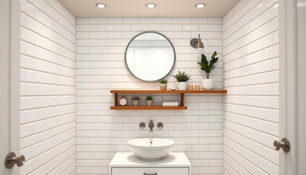 A cozy, well-organized small bathroom with a minimalist, Scandinavian-inspired design. In the foreground, a sleek, white vanity with clean lines and a vessel sink. Hanging above it, a round mirror with a modern metal frame. In the middle ground, a floating wooden shelf displaying a few potted plants and decorative accents. The background features white subway tiles, complemented by gray grout for a crisp, contemporary look. Soft, diffused lighting from recessed ceiling fixtures and a sconce flanking the mirror creates a warm, inviting atmosphere. The overall effect is a functional, visually pleasing space that maximizes the limited square footage.