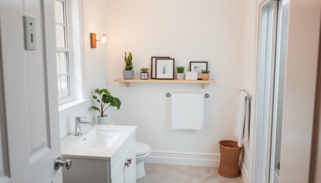 A cozy, well-organized small bathroom with natural lighting, featuring a clean white vanity, a simple floating shelf displaying affordable decorative items like potted plants, framed artwork, and decorative towels. The tile floor has a classic hexagonal pattern in neutral tones. The walls are painted a soft, calming color. Warm, indirect lighting from sconces or a pendant fixture creates a relaxing ambiance. The overall aesthetic is minimalist, budget-friendly, and tailored to make the most of the limited space.