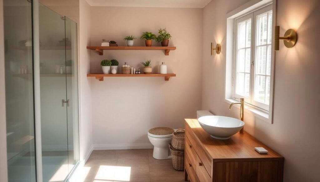 A cozy, well-organized small bathroom with natural lighting filtering through a large window. In the foreground, a wooden vanity with a sleek vessel sink, accented by a modern brass faucet. On the countertop, woven baskets neatly arranged, showcasing storage solutions. Floating shelves on the wall, adorned with potted plants and minimalist decor. The tile flooring, in a neutral hue, complements the overall warm, inviting ambiance. Soft, diffused illumination from wall sconces casts a gentle glow, creating a spa-like atmosphere. The image conveys a sense of simplicity, functionality, and budget-friendly elegance.