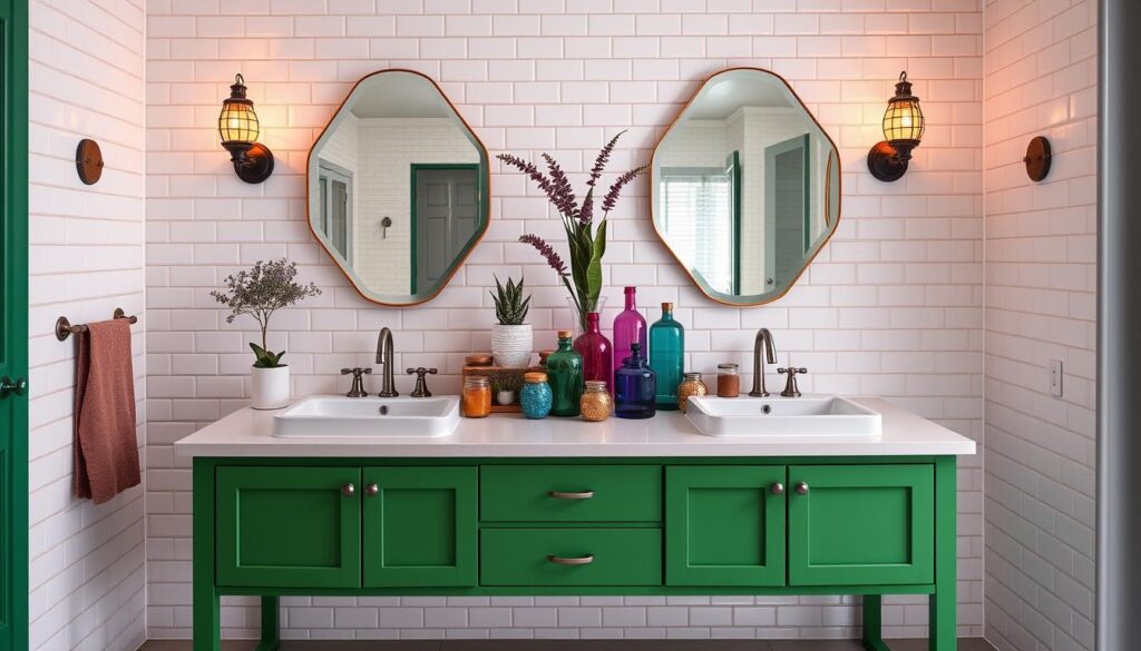 A double sink bathroom vanity decor with a bold and colorful statement. The vanity is adorned with a vibrant green paint, creating a striking contrast against the white tiles. Atop the vanity, an assortment of decorative elements come together to form a visually captivating display: a pair of modern geometric mirrors, a set of potted succulents, and an array of colorful glass jars and vases. Soft, warm lighting from wall sconces casts a gentle glow, enhancing the vibrant hues. The overall atmosphere is one of energy, creativity, and a distinct sense of personal style.