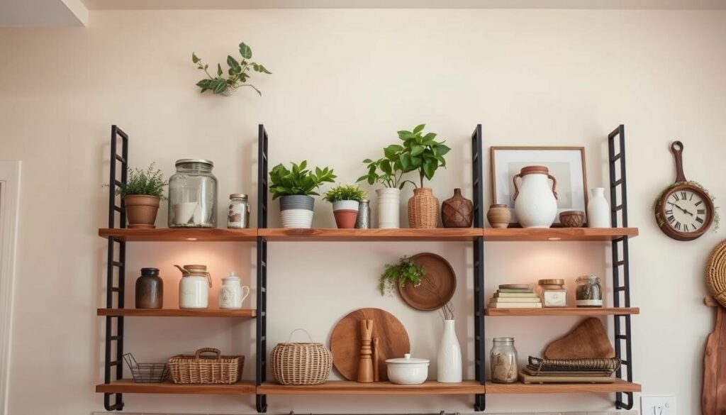 A farmhouse-style kitchen wall, featuring a tall wooden shelving unit with decorative elements. The shelves are adorned with potted plants, vintage-inspired jars, and rustic accessories like woven baskets and ceramic vases. The lighting casts a warm, inviting glow, creating a cozy and charming atmosphere. The wall is painted in a soft, neutral color, allowing the natural wood tones and decor items to stand out. The overall composition emphasizes the efficient use of vertical space, showcasing a practical and visually appealing storage solution for a small kitchen.