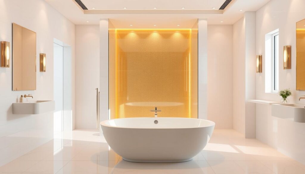 A luxurious bathroom design with a gold-accented shower liner as the focal point. The spacious, well-lit room features sleek white tiles and fixtures, creating a clean, modern aesthetic. The gold shower liner adds a touch of opulence, reflecting the warm lighting and casting a soft glow throughout the space. The room's centerpiece is the free-standing bathtub, positioned to maximize the view of the gold-accented shower. The overall atmosphere is one of relaxation and sophistication, perfect for a spa-like experience.